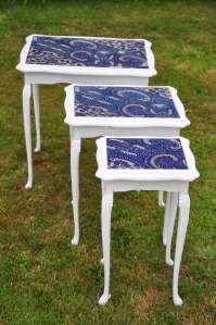 Upcycled 70s nesting tables with blue African Wax on the tabletops